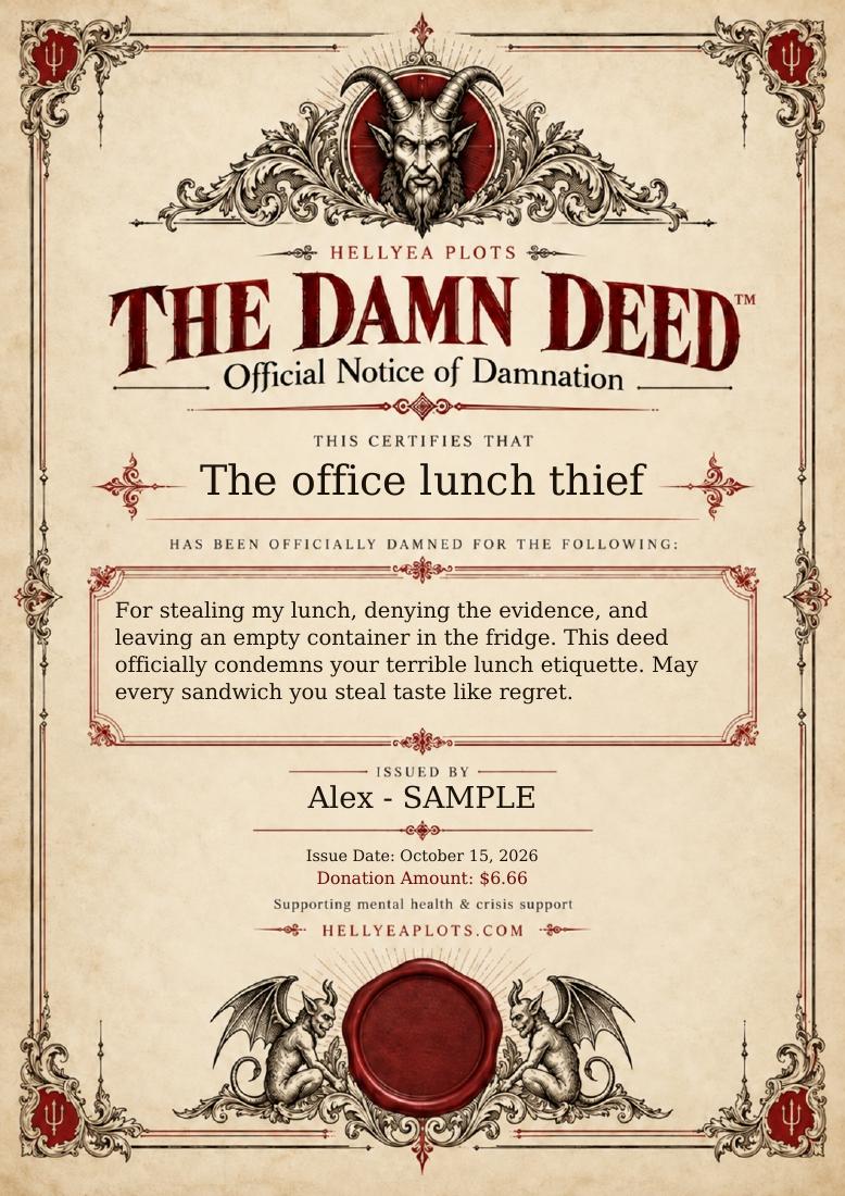 The Damn Deed personalized certificate